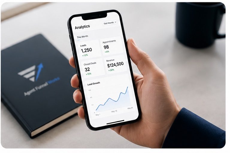 Mobile analytics view showing landing-page traffic and lead tracking