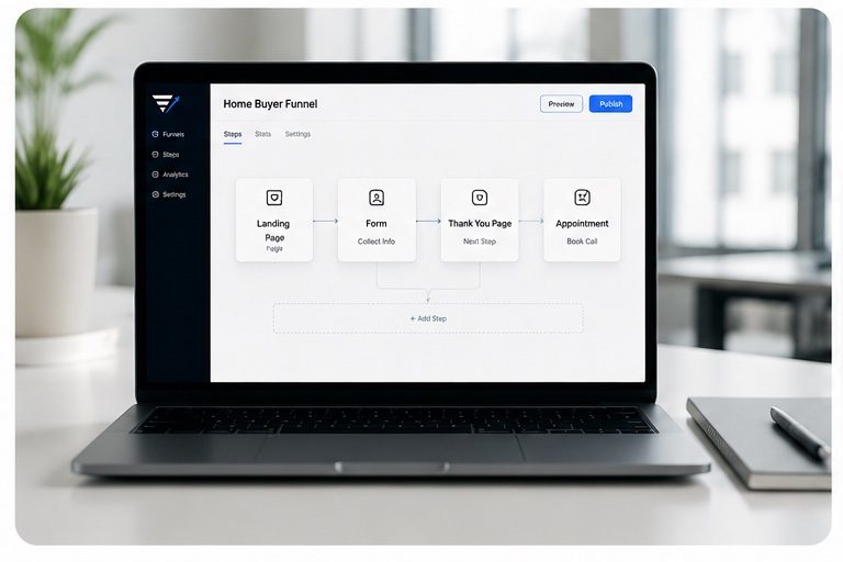 A real estate funnel mapped from landing page to form to thank-you to follow-up